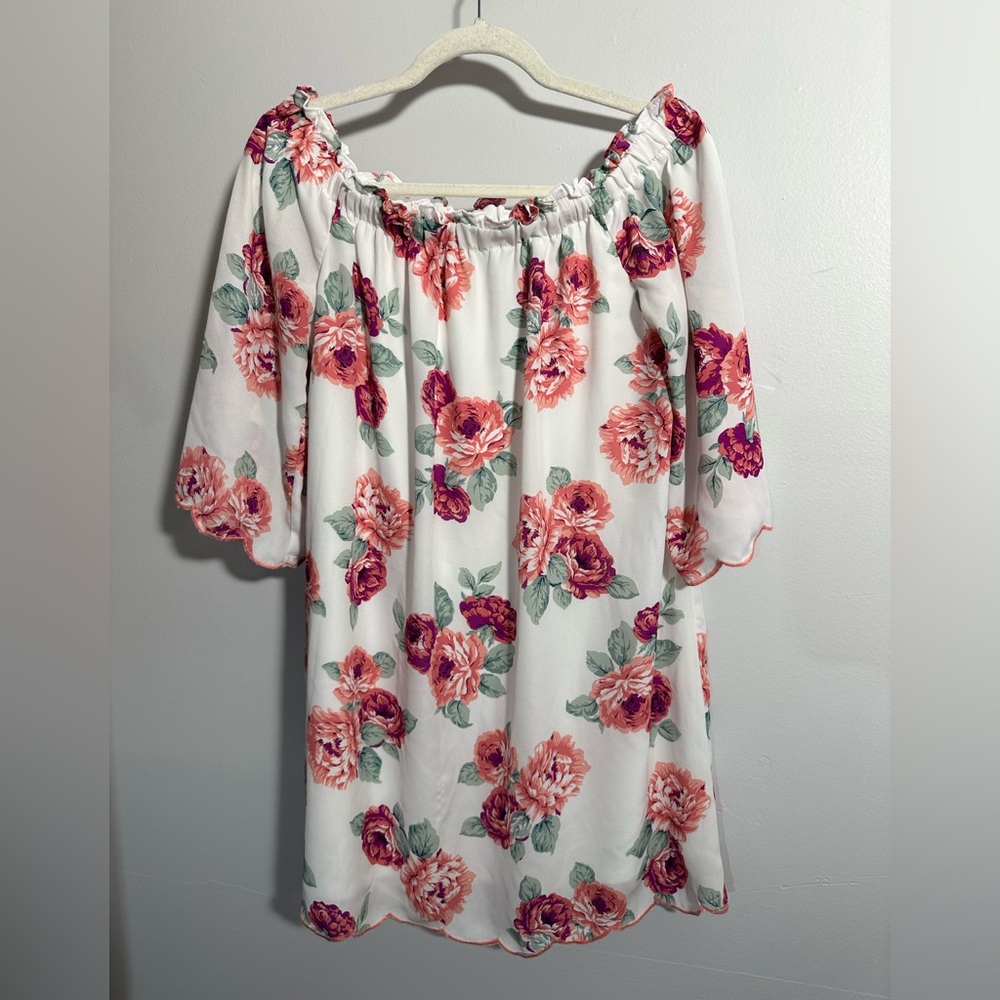 Lily Rose Women’s L Floral White Pink‎ Off-Shoulder Lined Mini Dress | SKU 0445